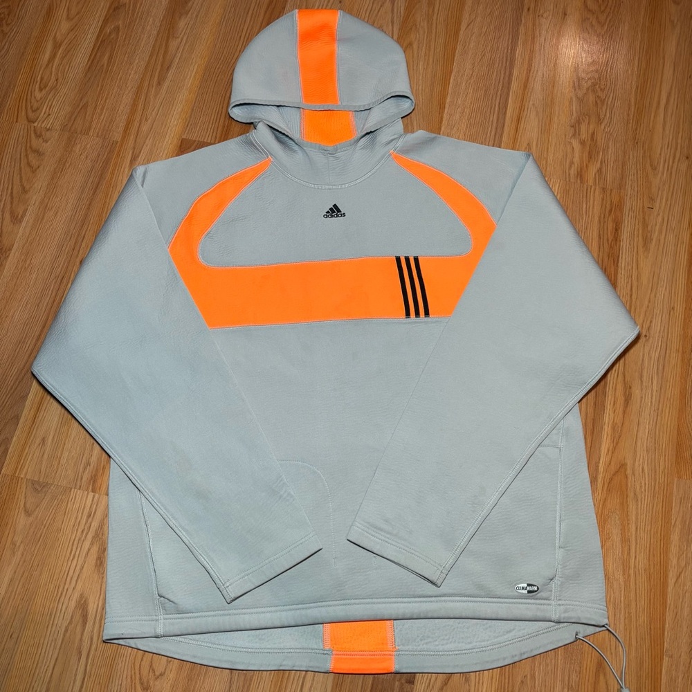 Adidas Climawarm Hoodie Sweater Mens XL Orange Stripe Front Pockets Pullover